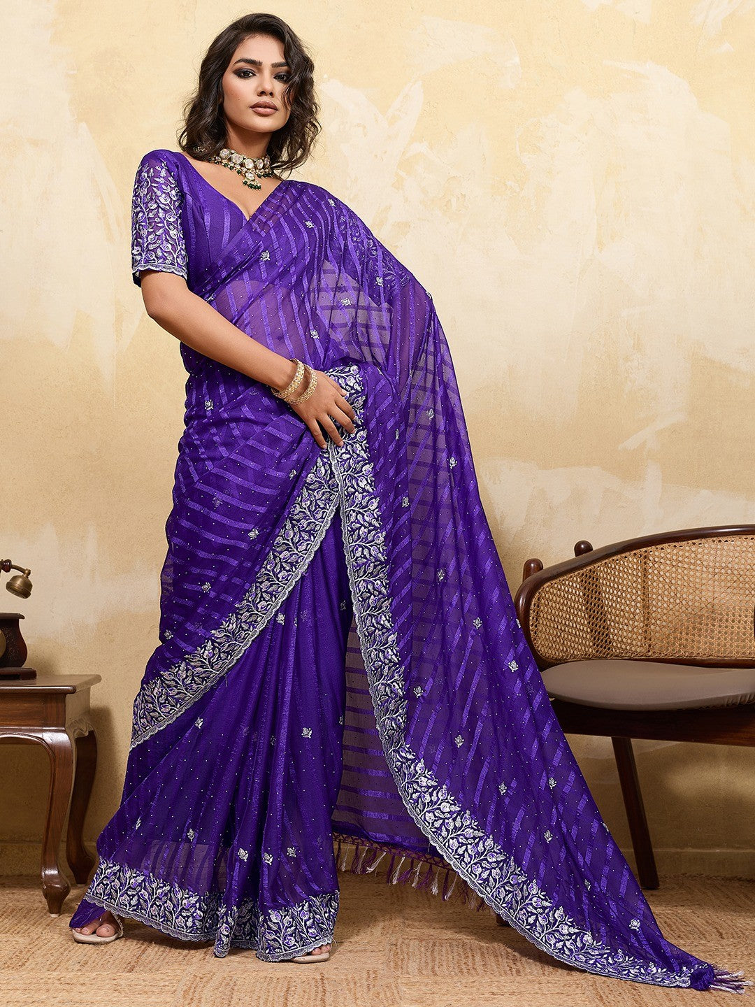 Elegant Purple Chiffon Saree Adorned With Floral Embroidery & Shimmering Swarovski Work - Image 1