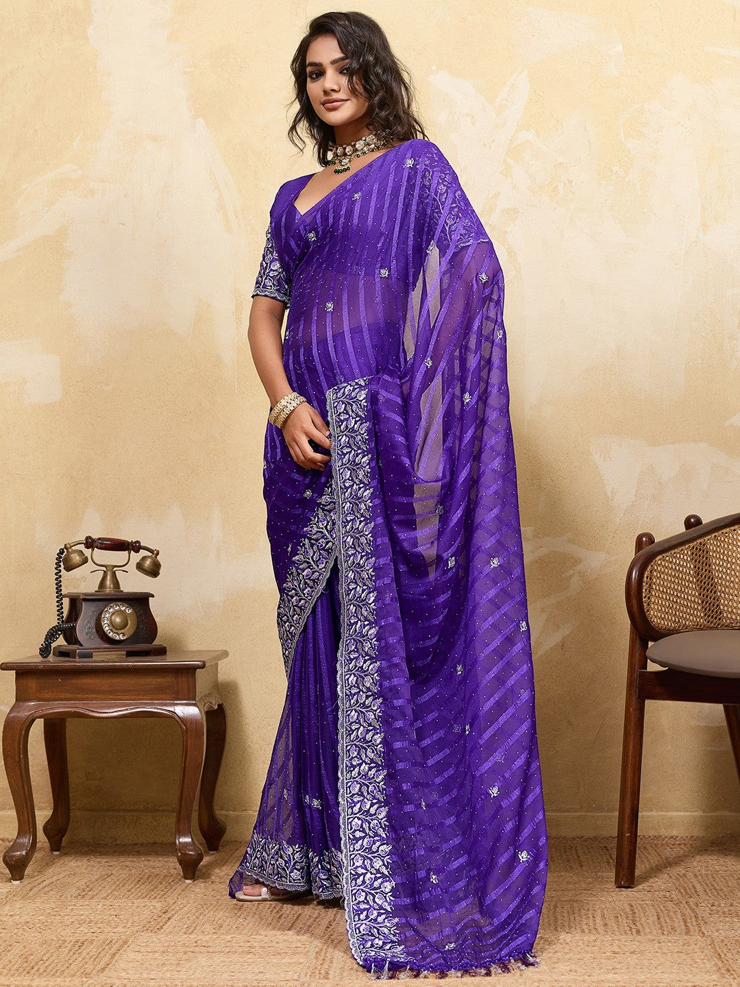 Elegant Purple Chiffon Saree Adorned With Floral Embroidery & Shimmering Swarovski Work - Image 2