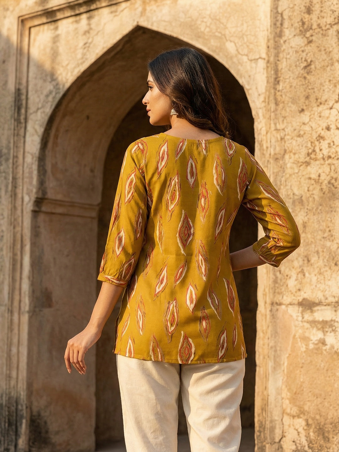 Mustard Rayon Top with Abstract Print with Smooth Texture and Relaxed Modern Styling - Image 3