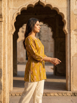Mustard Rayon Top with Abstract Print with Smooth Texture and Relaxed Modern Styling - Image 2