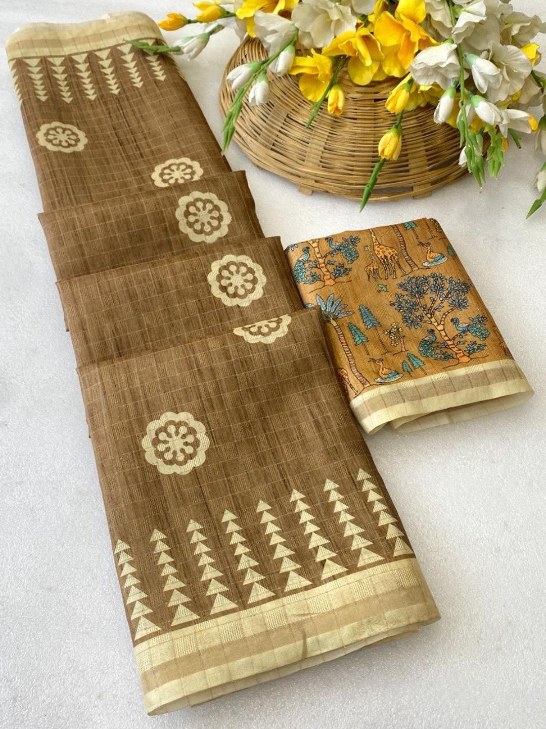 Elegant Brown Tussar Silk Saree Featuring Zari Checks Weaving With Bird & Animal Printed Pallu - Image 3