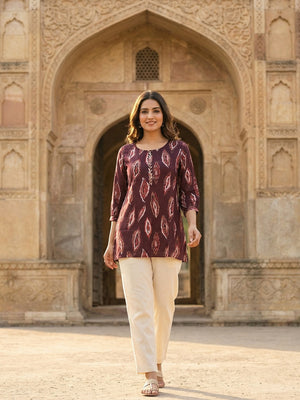 Wine Rayon Top with Abstract Print with Smooth Texture and Relaxed Modern Styling - Image 2