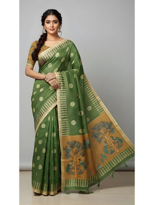 Elegant Green Tussar Silk Saree Featuring Zari Checks Weaving With Bird & Animal Printed Pallu - Image 1