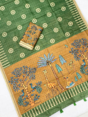 Elegant Green Tussar Silk Saree Featuring Zari Checks Weaving With Bird & Animal Printed Pallu - Image 2