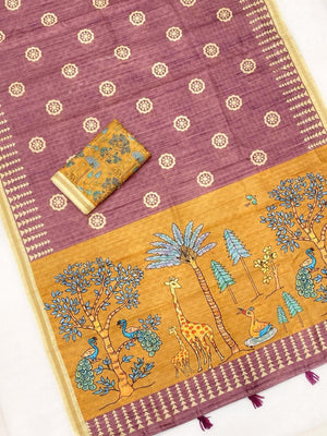 Elegant Onion Pink Tussar Silk Saree Featuring Zari Checks Weaving With Bird & Animal Printed Pallu - Image 2