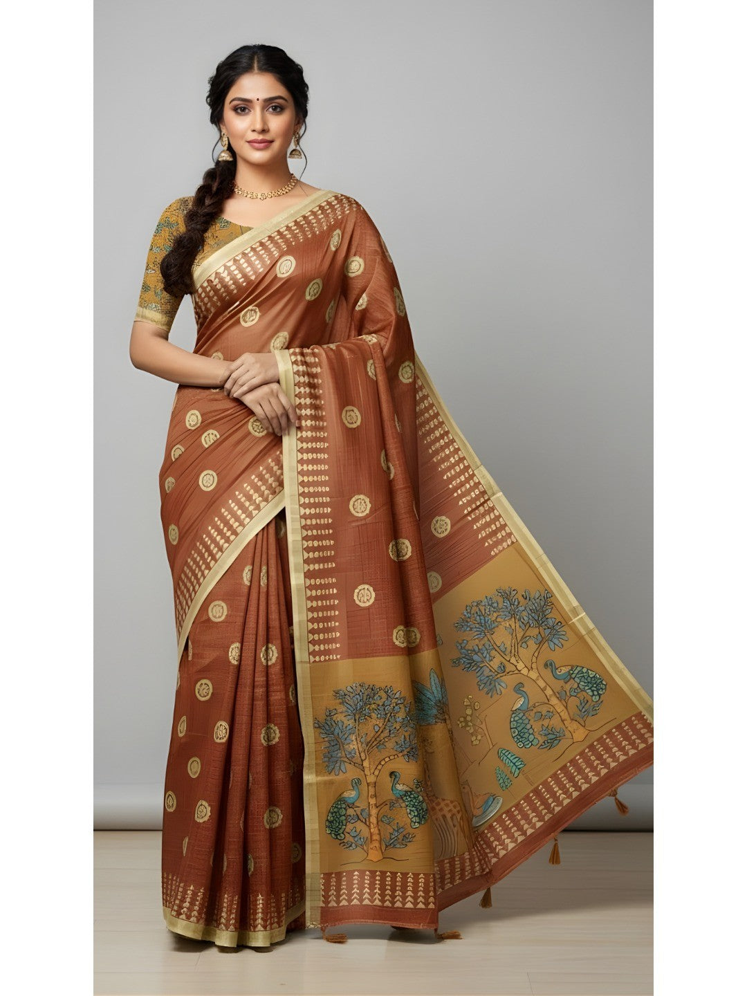 Elegant Rust Tussar Silk Saree Featuring Zari Checks Weaving With Bird & Animal Printed Pallu - Image 1