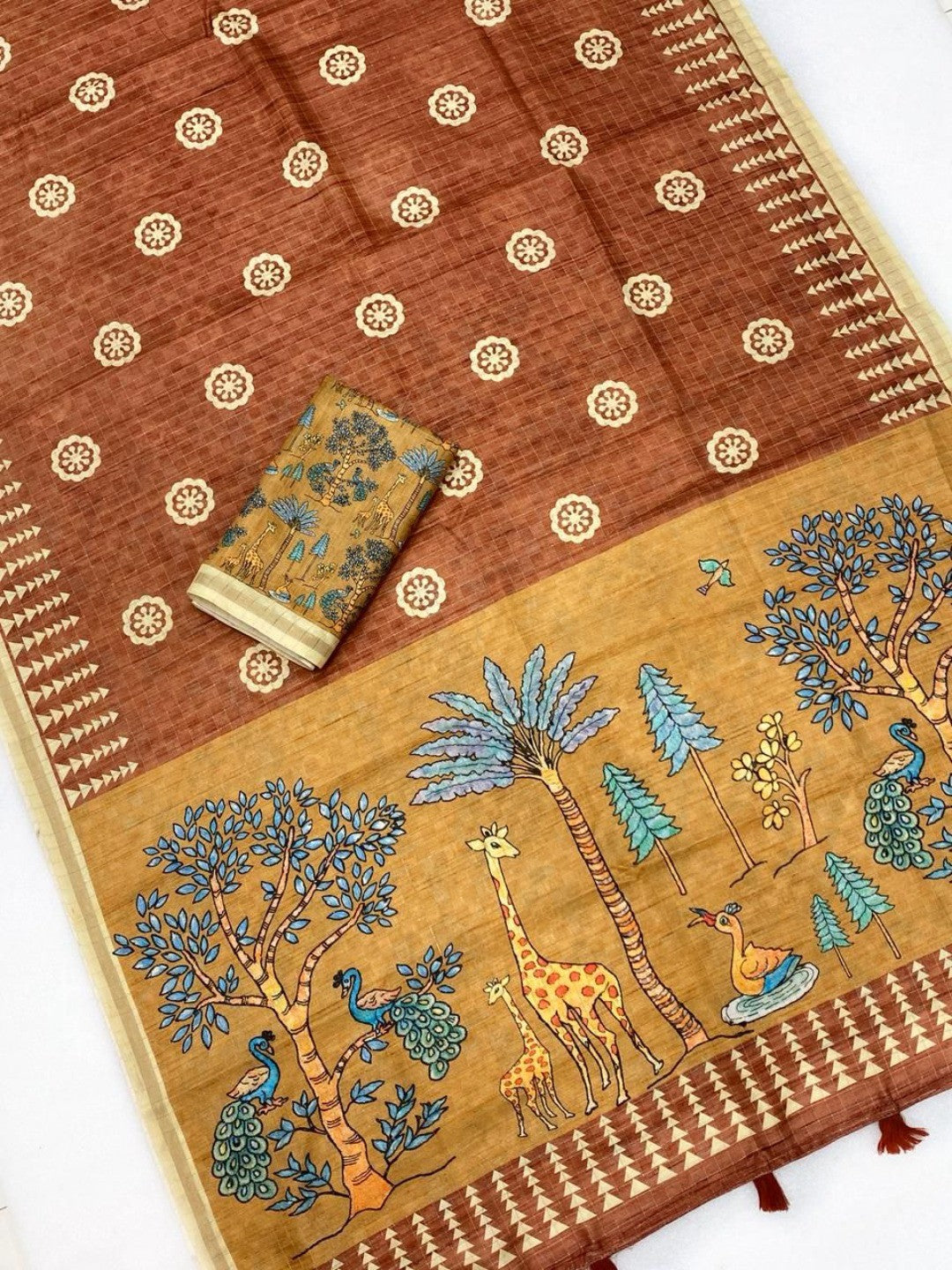 Elegant Rust Tussar Silk Saree Featuring Zari Checks Weaving With Bird & Animal Printed Pallu - Image 2