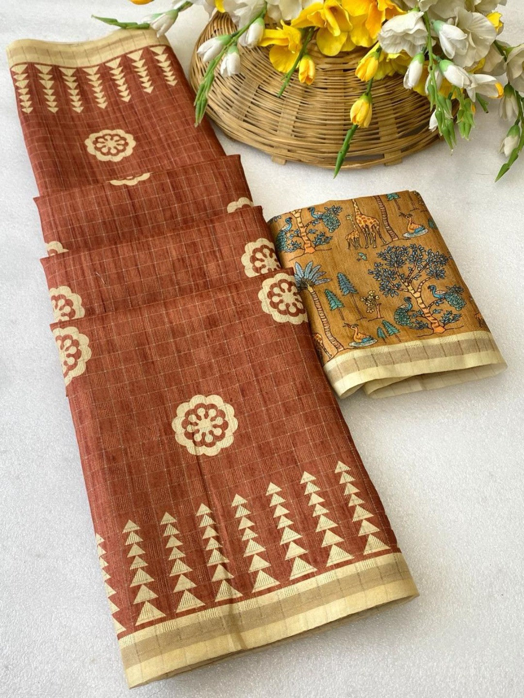 Elegant Rust Tussar Silk Saree Featuring Zari Checks Weaving With Bird & Animal Printed Pallu - Image 3
