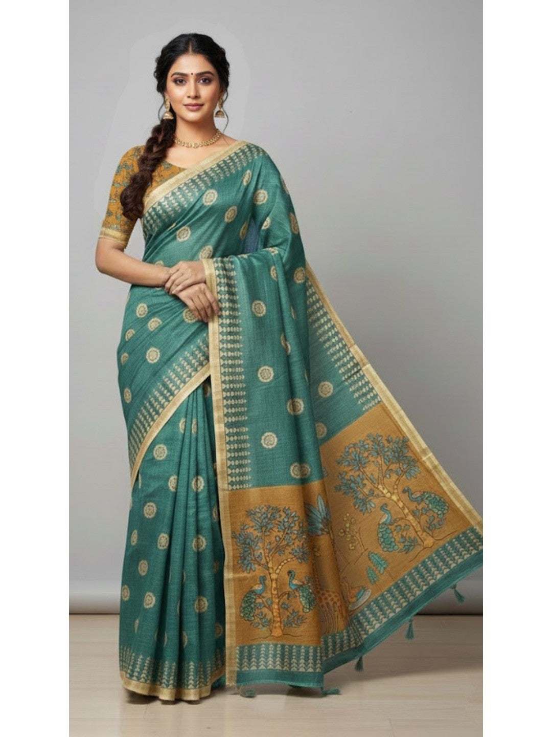 Elegant Rama Blue Tussar Silk Saree Featuring Zari Checks Weaving With Bird & Animal Printed Pallu - Image 1