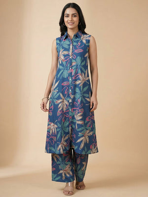 Elegant Blue Floral Printed Rayon A-Line Top Bottom Set - Image 1