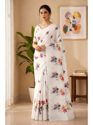 White Pure Linen Saree Adorned with Soft Floral Patterns - Image 1