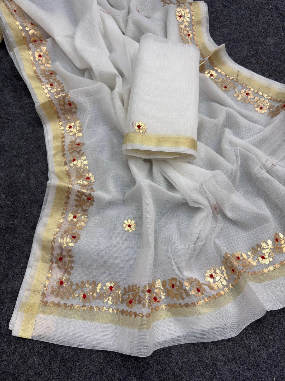 Graceful White Kota Doria Saree Adorned With Delicate Floral Gota Patti & Zari Weaving Border - Image 2