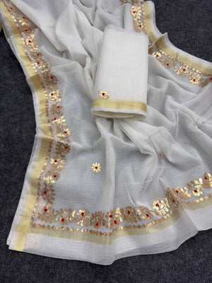 Graceful White Kota Doria Saree Adorned With Delicate Floral Gota Patti & Zari Weaving Border - Image 2