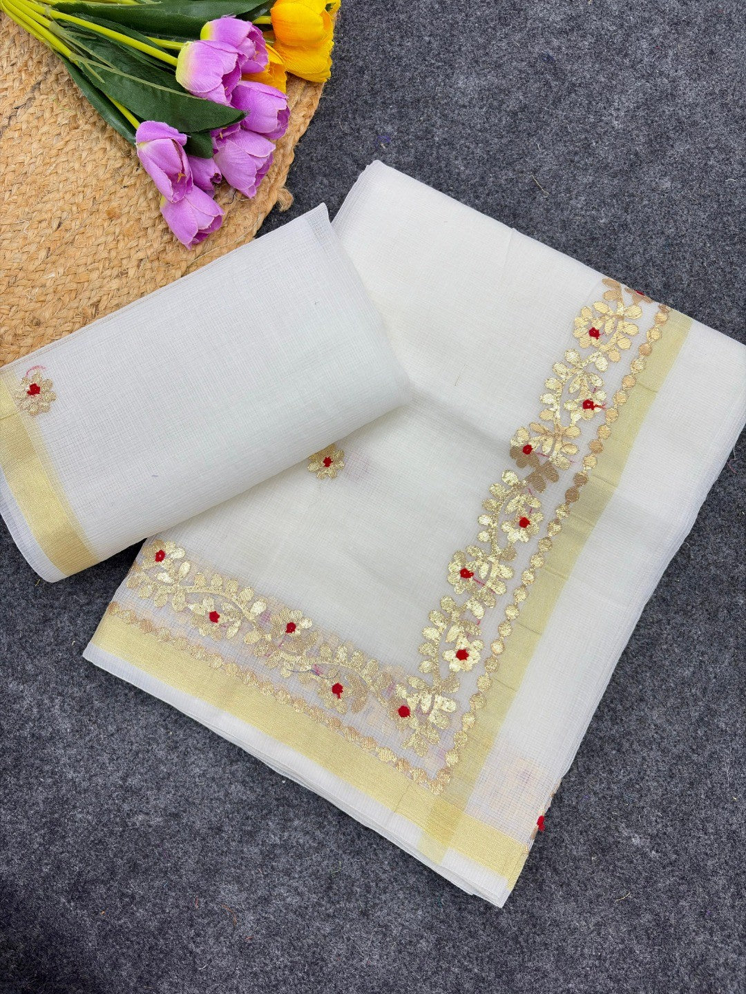 Graceful White Kota Doria Saree Adorned With Delicate Floral Gota Patti & Zari Weaving Border - Image 2