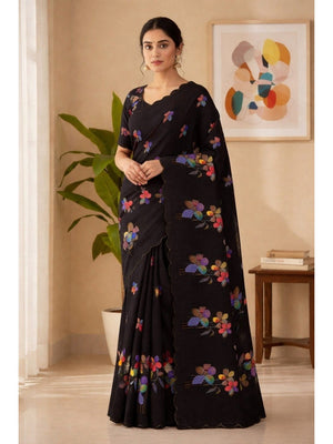 Black Pure Linen Saree Adorned with Soft Floral Patterns - Image 1