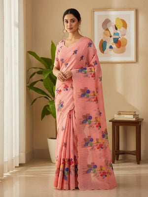 Peach Pure Linen Saree Adorned with Soft Floral Patterns - Image 1