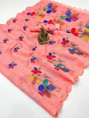 Peach Pure Linen Saree Adorned with Soft Floral Patterns - Image 2