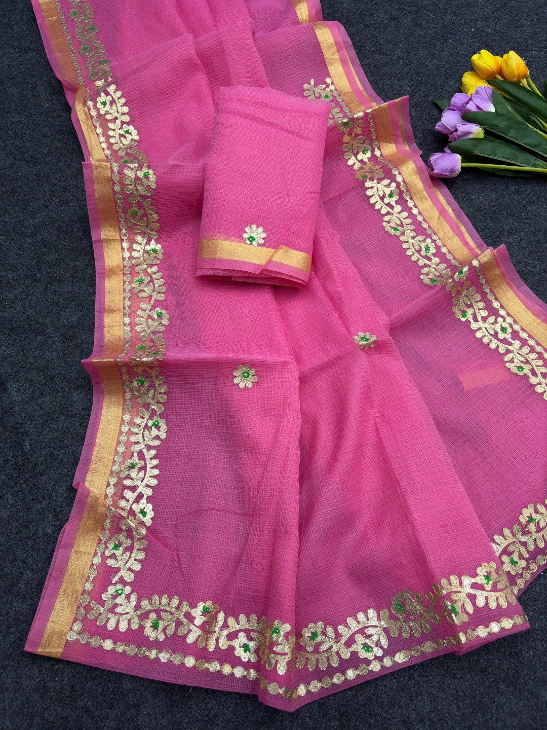 Graceful Pink Kota Doria Saree Adorned With Delicate Floral Gota Patti & Zari Weaving Border - Image 4