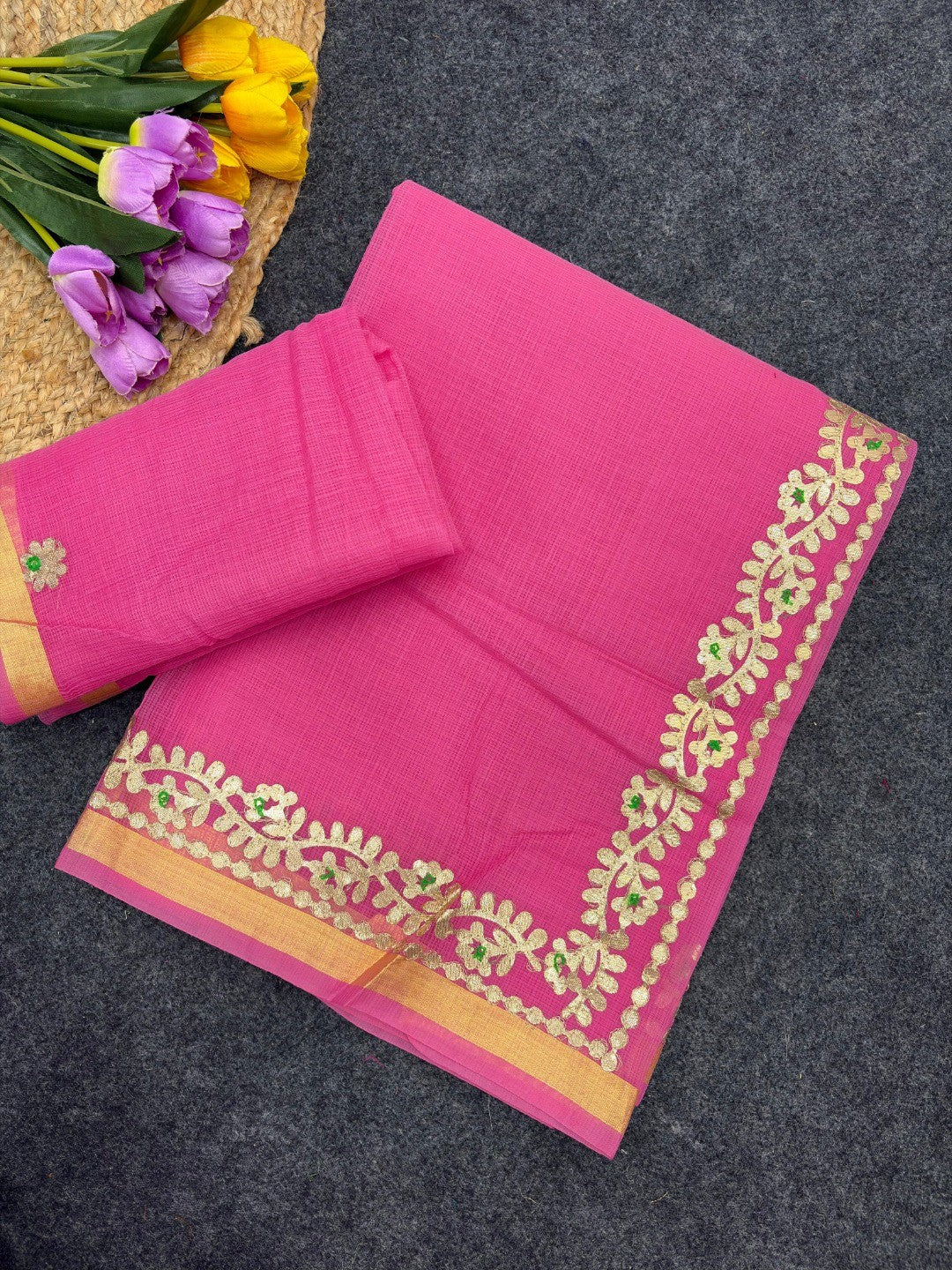 Graceful Pink Kota Doria Saree Adorned With Delicate Floral Gota Patti & Zari Weaving Border - Image 3