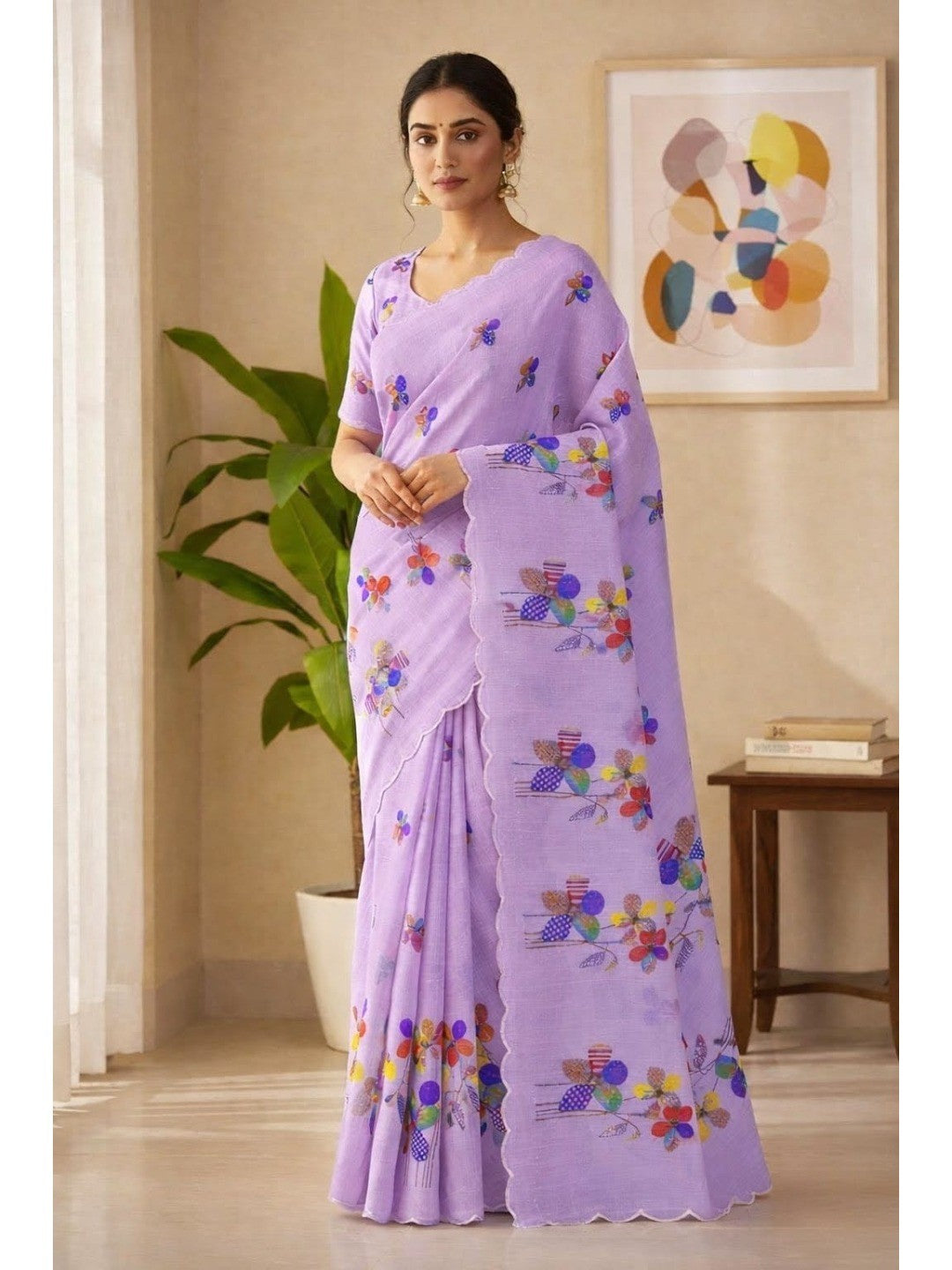 Lavender Pure Linen Saree Adorned with Soft Floral Patterns - Image 1