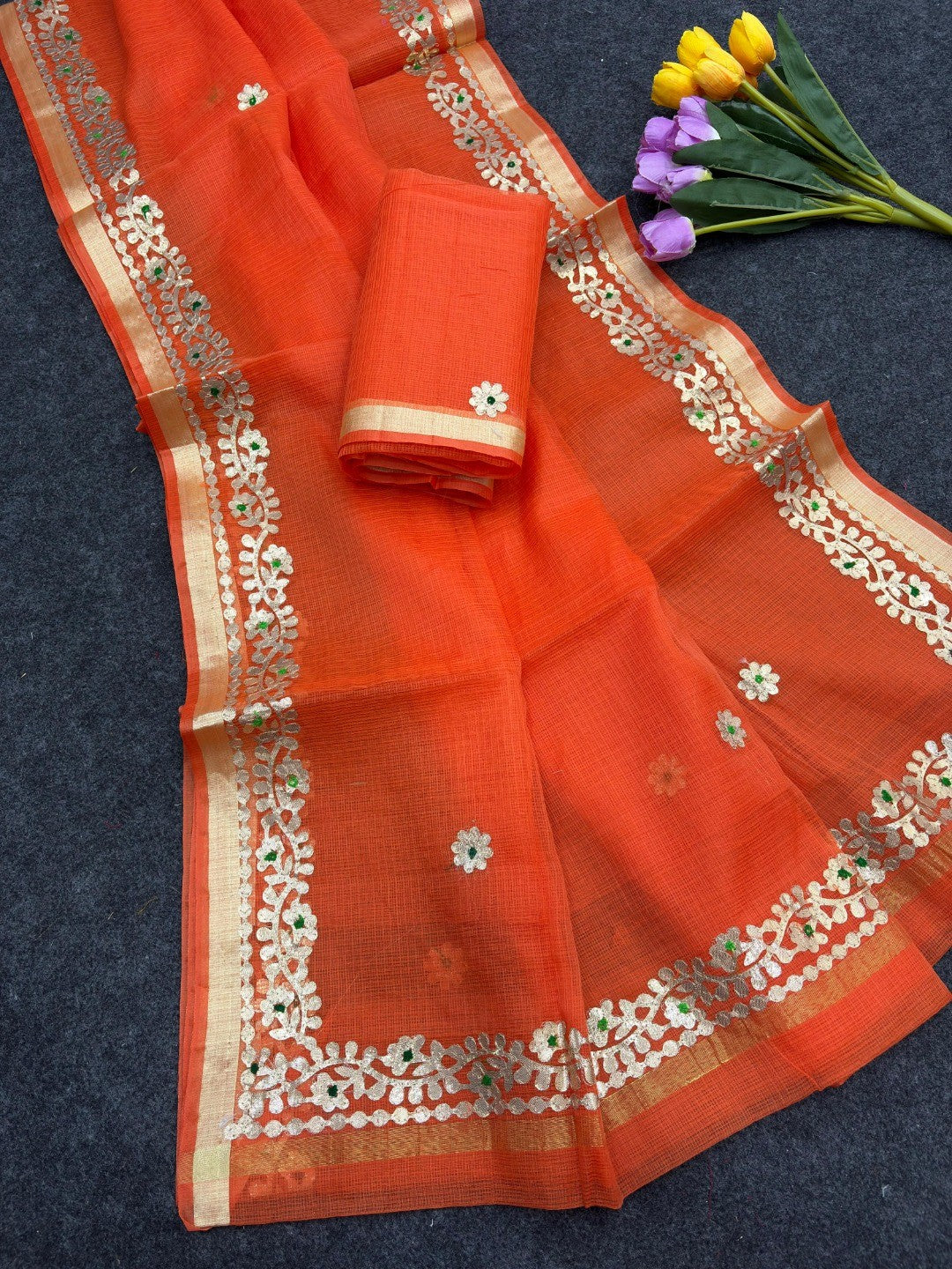 Graceful Orange Kota Doria Saree Adorned With Delicate Floral Gota Patti & Zari Weaving Border - Image 2