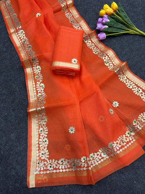 Graceful Orange Kota Doria Saree Adorned With Delicate Floral Gota Patti & Zari Weaving Border - Image 2