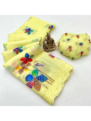 Yellow Pure Linen Saree Adorned with Soft Floral Patterns - Image 3