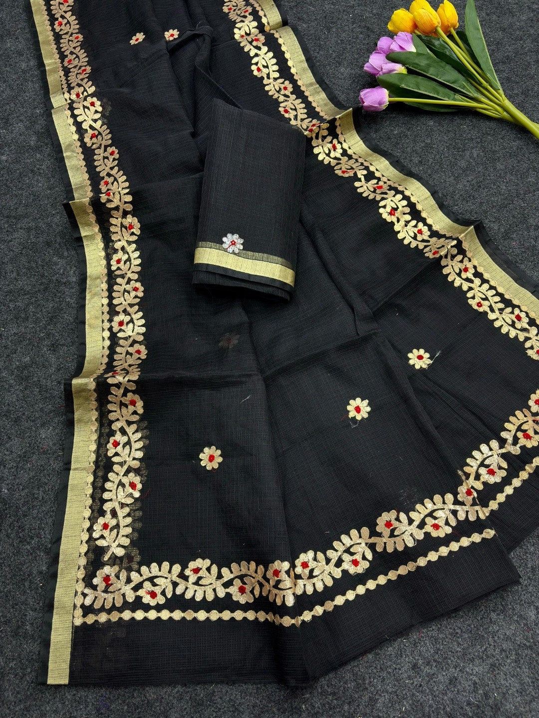 Graceful Black Kota Doria Saree Adorned With Delicate Floral Gota Patti & Zari Weaving Border - Image 2