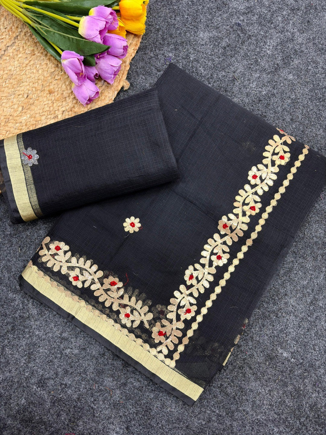 Graceful Black Kota Doria Saree Adorned With Delicate Floral Gota Patti & Zari Weaving Border - Image 4