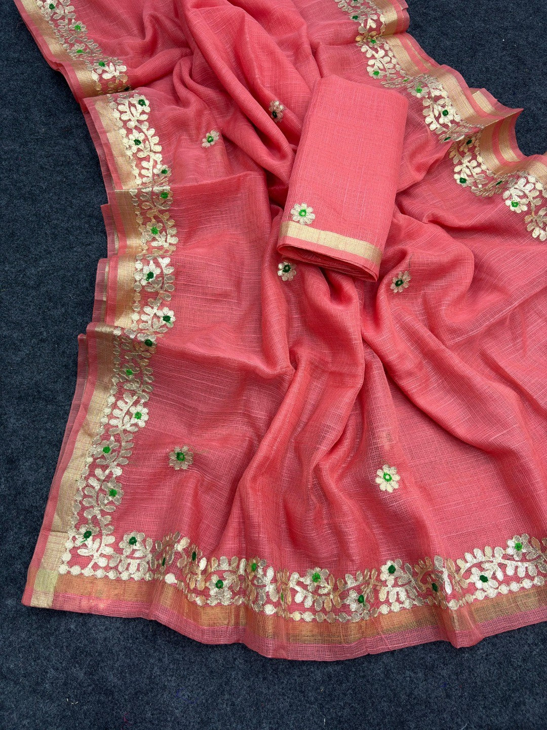 Graceful Coral Pink Kota Doria Saree Adorned With Delicate Floral Gota Patti & Zari Weaving Border - Image 3