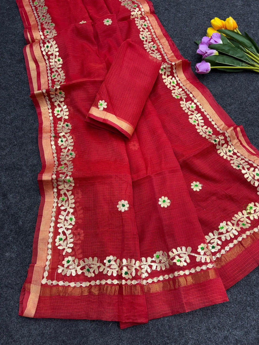 Graceful Red Kota Doria Saree Adorned With Delicate Floral Gota Patti & Zari Weaving Border - Image 2