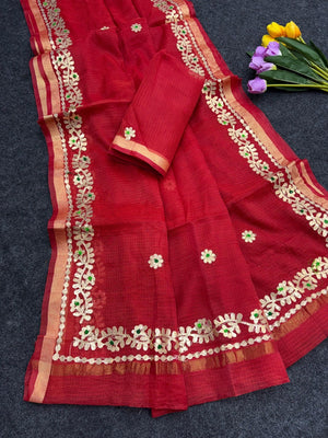 Graceful Red Kota Doria Saree Adorned With Delicate Floral Gota Patti & Zari Weaving Border - Image 2