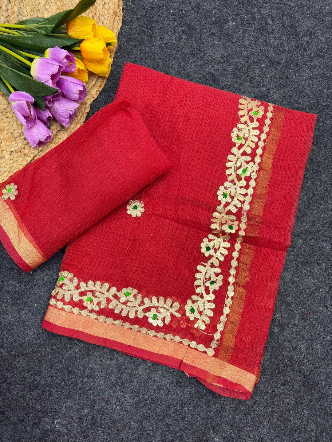 Graceful Red Kota Doria Saree Adorned With Delicate Floral Gota Patti & Zari Weaving Border - Image 2