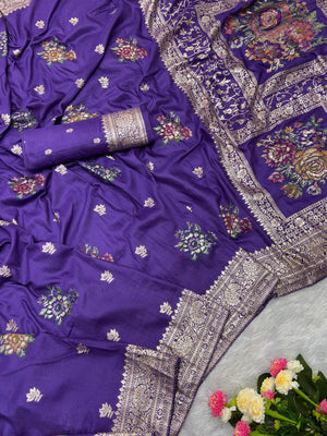 Sophisticated Purple Floral Meenakari Woven Viscose Saree With Subtle Traditional Charm - Image 2