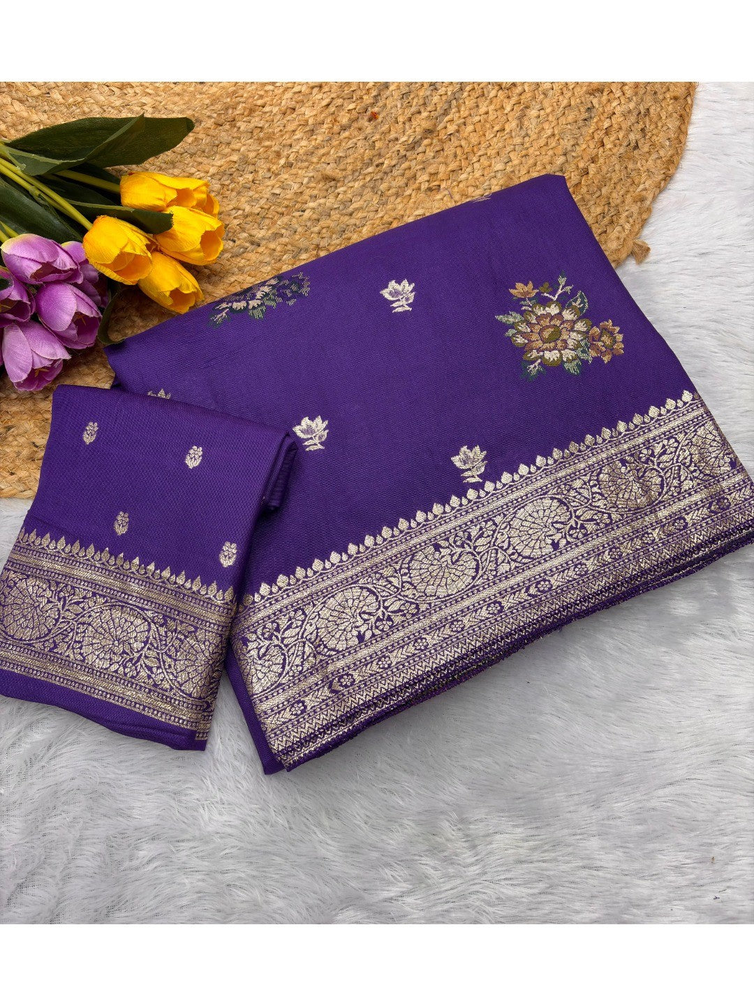 Sophisticated Purple Floral Meenakari Woven Viscose Saree With Subtle Traditional Charm - Image 2