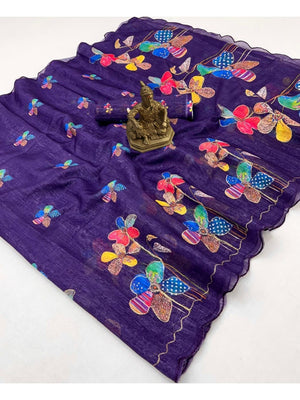 Violet Pure Linen Saree Adorned with Soft Floral Patterns - Image 2