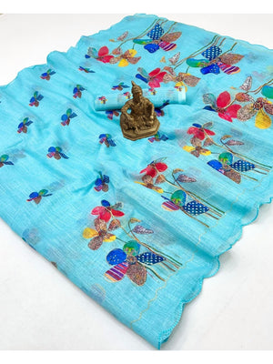 Sky Blue Pure Linen Saree Adorned with Soft Floral Patterns - Image 2