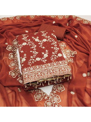 Rust Floral Thread Embroidered Georgette Dress Material with Detailed Floral Embroidery - Image 1