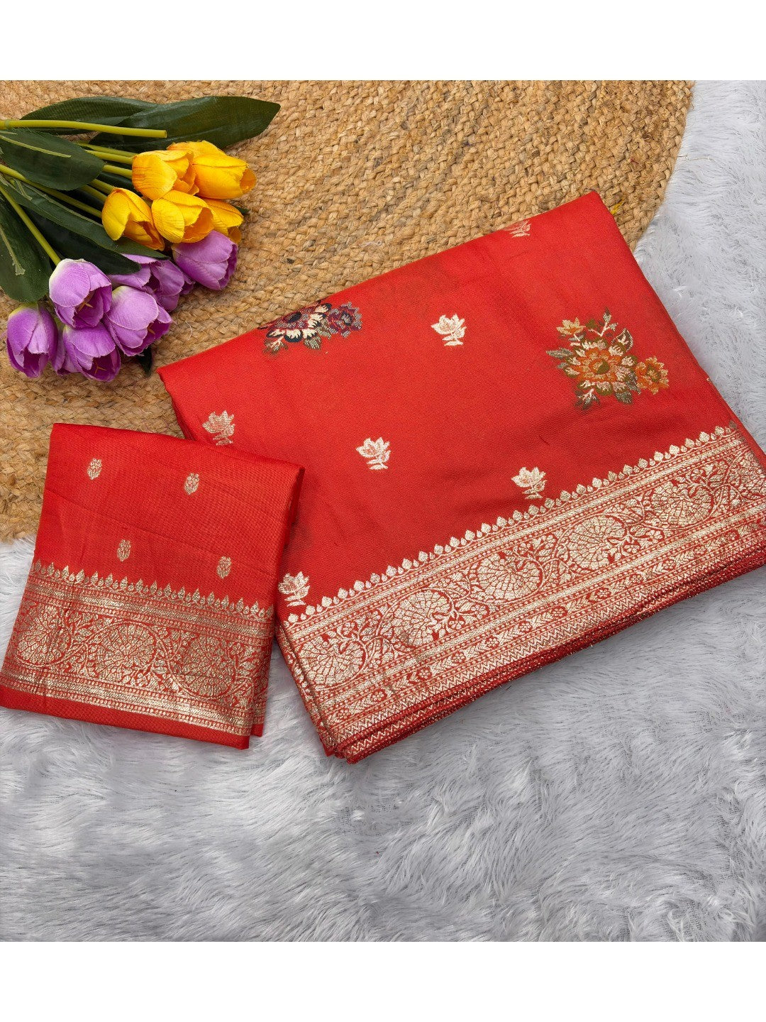 Sophisticated Orange Floral Meenakari Woven Viscose Saree With Subtle Traditional Charm - Image 2