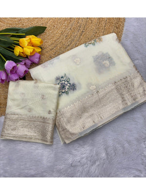Sophisticated Cream Floral Meenakari Woven Viscose Saree With Subtle Traditional Charm - Image 2