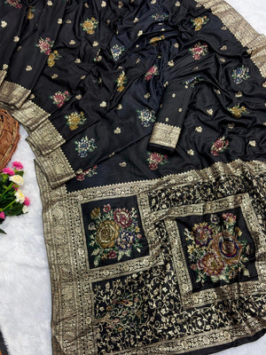 Sophisticated Black Floral Meenakari Woven Viscose Saree With Subtle Traditional Charm - Image 2