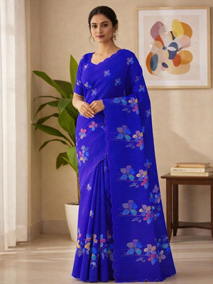 Blue Pure Linen Saree Adorned with Soft Floral Patterns - Image 1