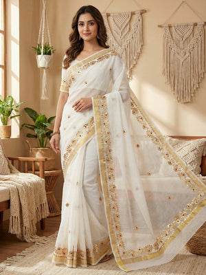Graceful White Kota Doria Saree Adorned With Delicate Floral Gota Patti & Zari Weaving Border - Image 1