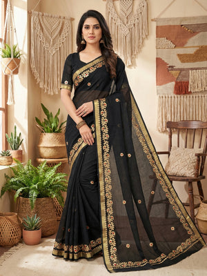 Graceful Black Kota Doria Saree Adorned With Delicate Floral Gota Patti & Zari Weaving Border - Image 1