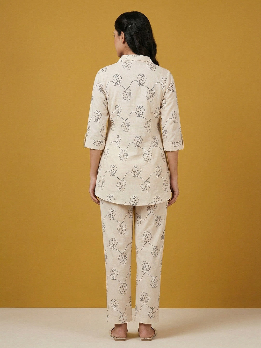 Cream & Black Pure Cotton Top Bottom Set with Leaf Print and Timeless Minimal Styling - Image 3