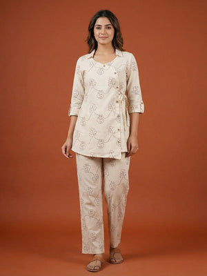 Cream & Brown Pure Cotton Top Bottom Set with Leaf Print and Timeless Minimal Styling - Image 1