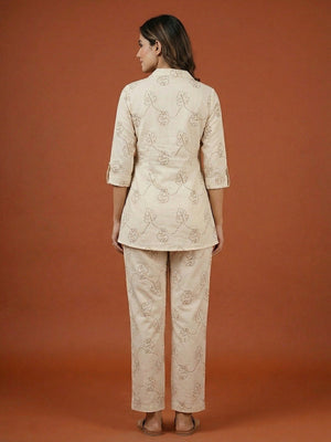 Cream & Brown Pure Cotton Top Bottom Set with Leaf Print and Timeless Minimal Styling - Image 2