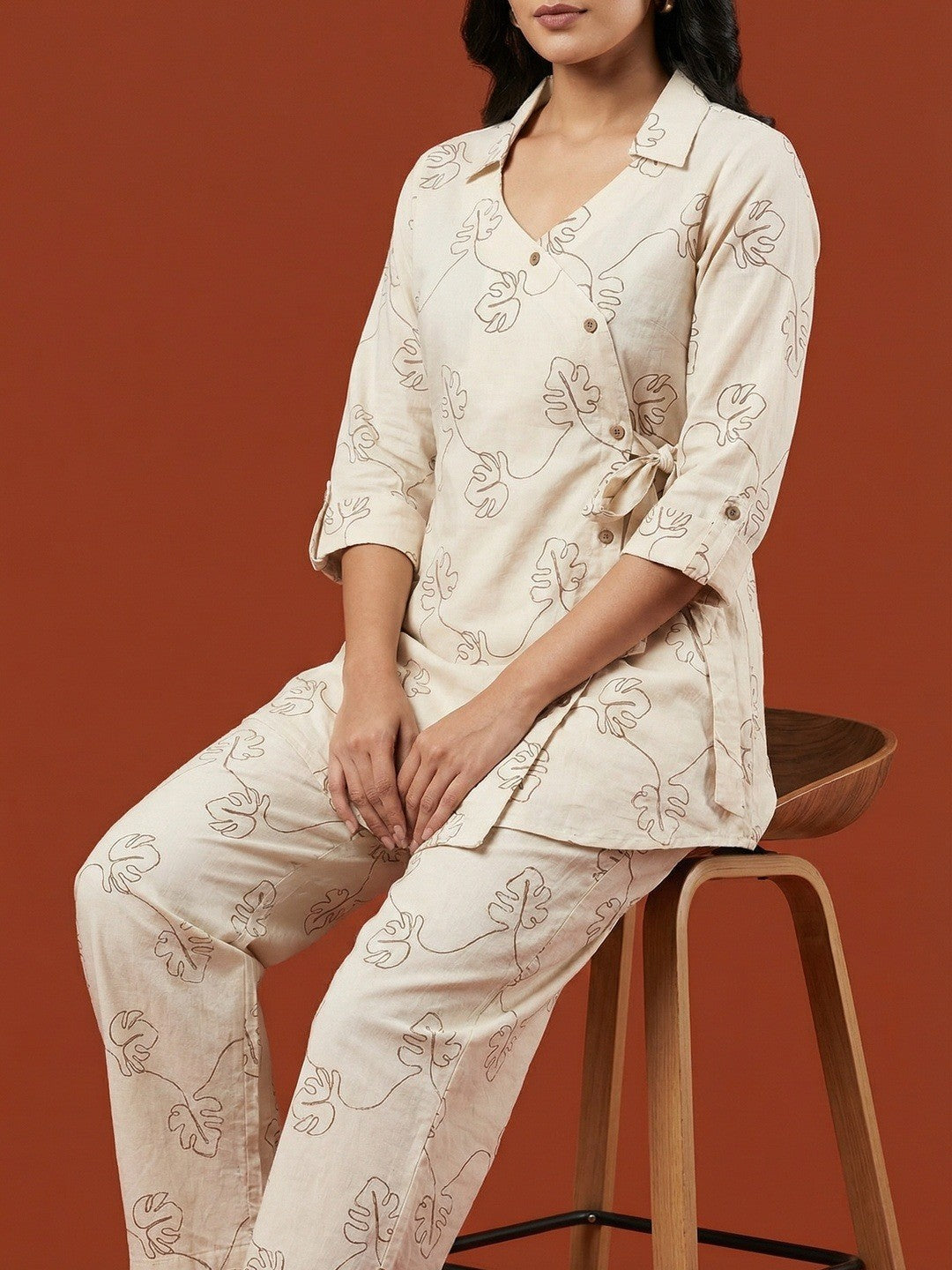 Cream & Brown Pure Cotton Top Bottom Set with Leaf Print and Timeless Minimal Styling - Image 2