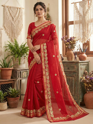 Graceful Red Kota Doria Saree Adorned With Delicate Floral Gota Patti & Zari Weaving Border - Image 1