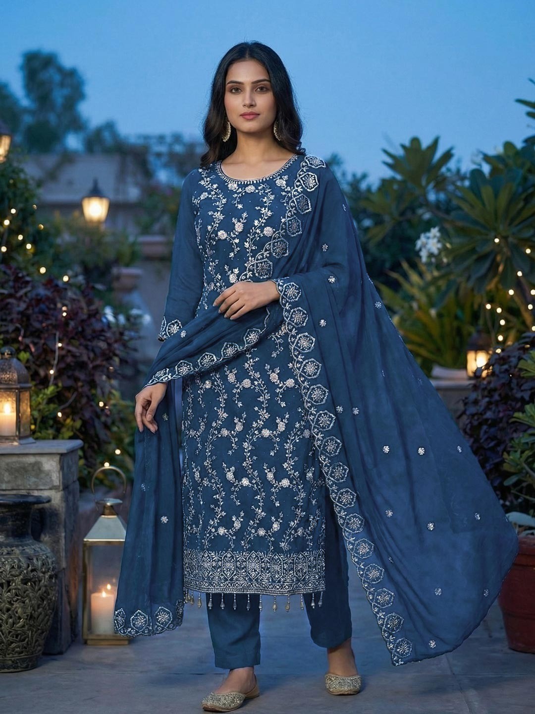 Teal Floral Thread Embroidered Georgette Dress Material with Detailed Floral Embroidery - Image 1